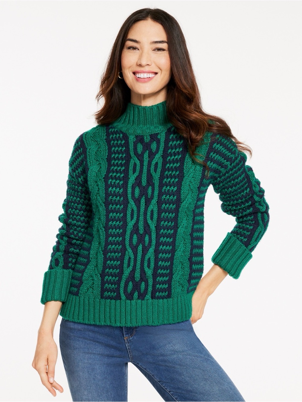 NEW Talbots woman m cable knit mock neck sweater chunky green blue preppy